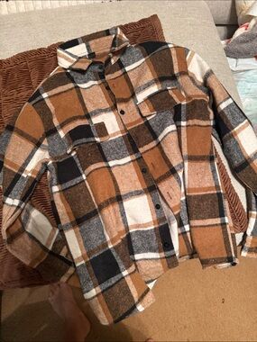 Men's Brown Plaid Button-Up Shacket Jacket